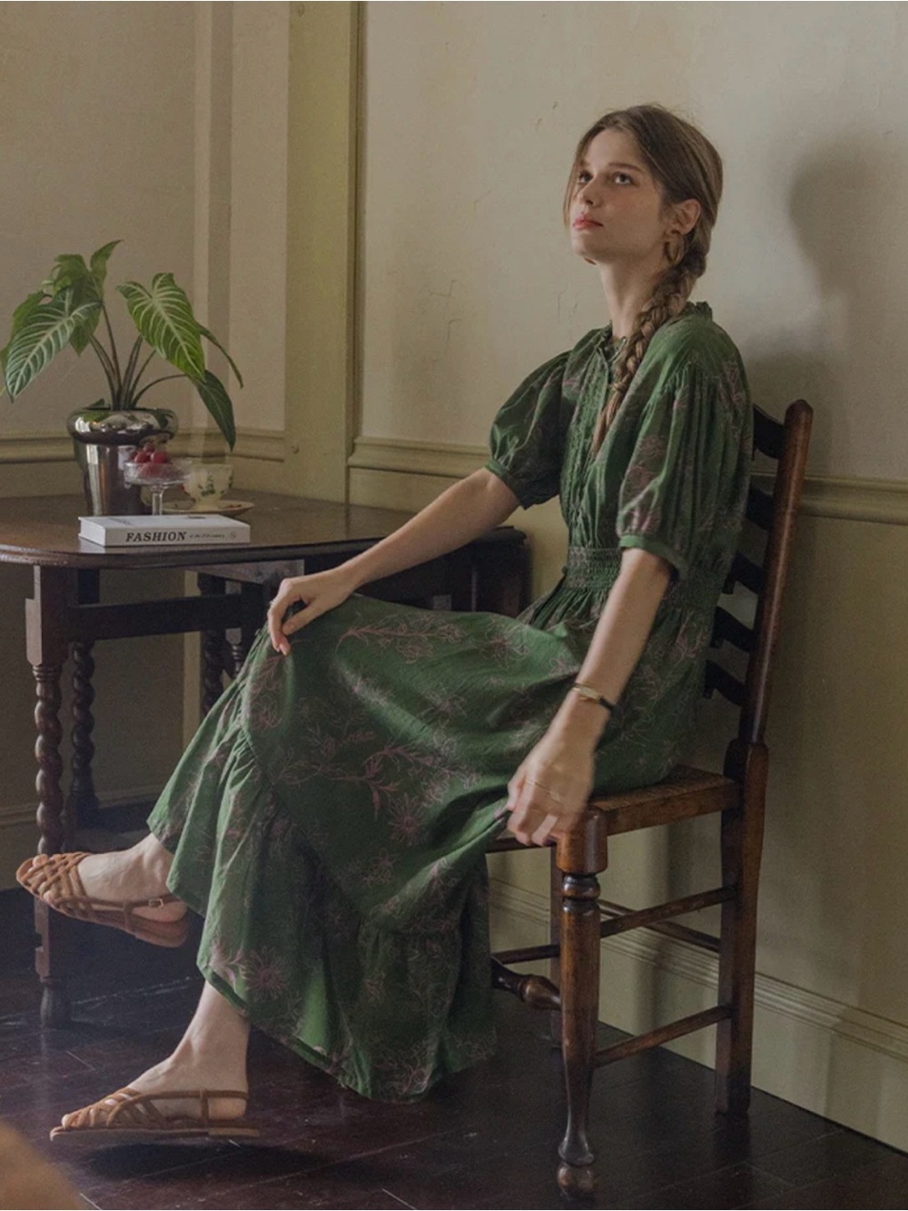 Green Floral Button-Front CottageCore Midi Dress with Smocked Waist. New W Tags - Picture 12 of 16